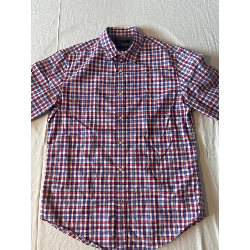Banana Republic Camden Fit Shirt Mens Medium Red Blue Gingham Check Excellent LS